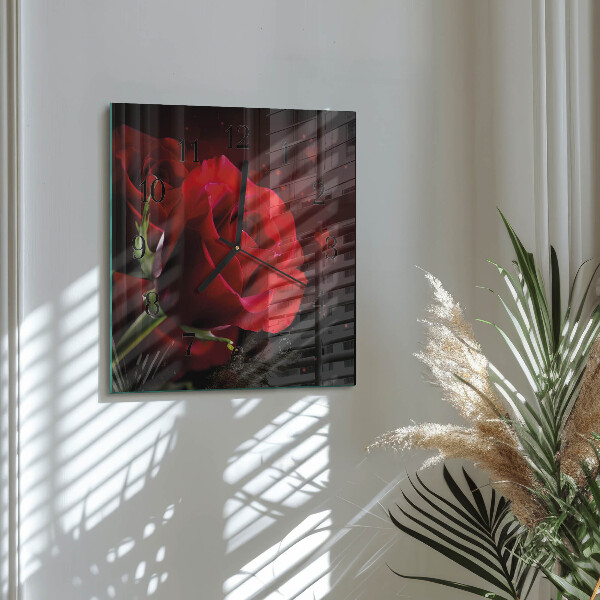 Vierkante glazen wandklok Rozen