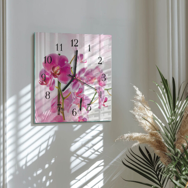 Vierkante glazen wandklok Orchidee