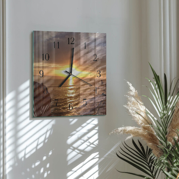 Vierkante glazen wandklok Zonsondergang