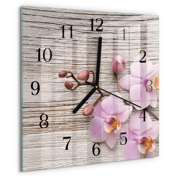 Vierkante glazen wandklok Orchidee