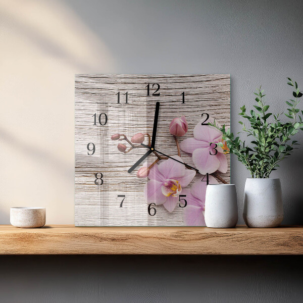 Vierkante glazen wandklok Orchidee