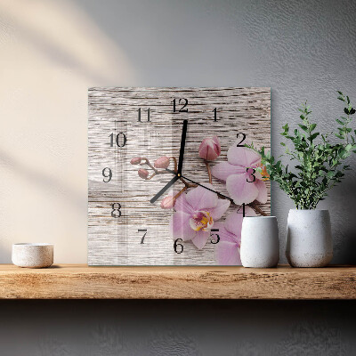 Vierkante glazen wandklok Orchidee