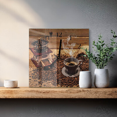 Vierkante glazen wandklok Koffiebonen