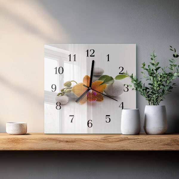 Vierkante glazen wandklok Orchidee