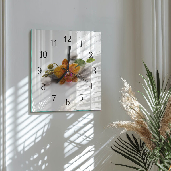 Vierkante glazen wandklok Orchidee