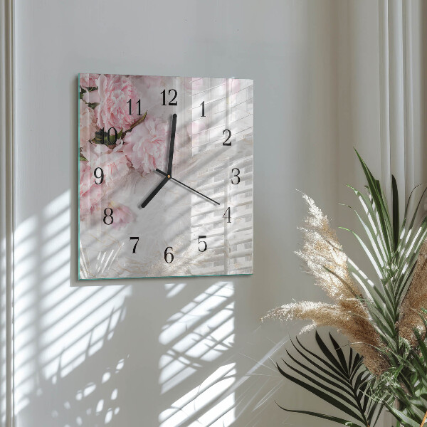 Vierkante glazen wandklok Bloemen