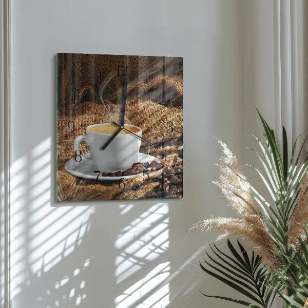 Vierkante glazen wandklok Koffiebonen