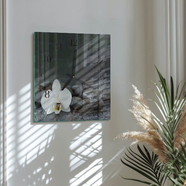 Vierkante glazen wandklok Bloem en stenen