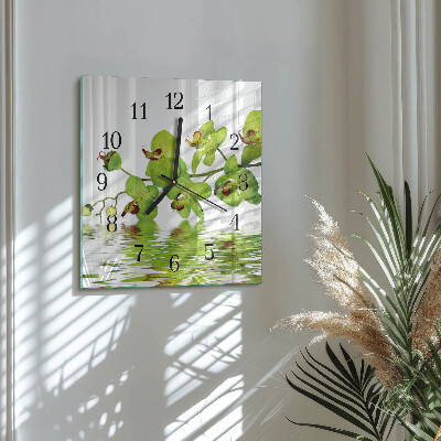 Vierkante glazen wandklok Orchidee