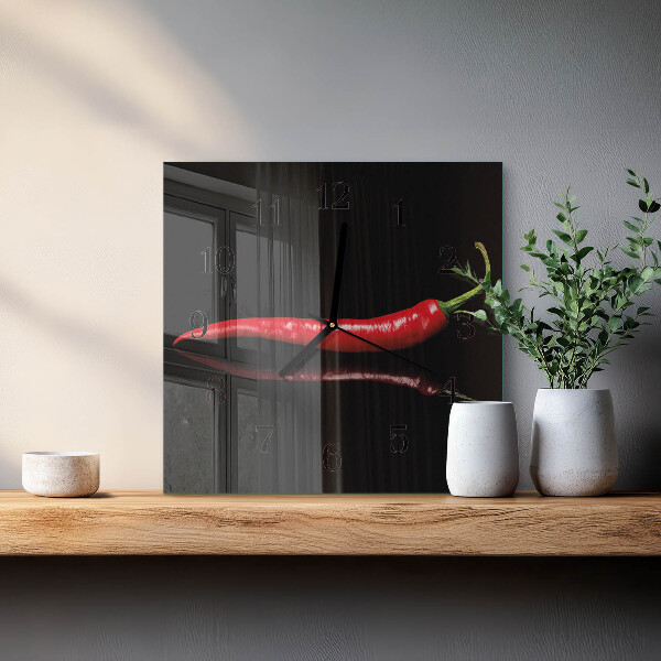 Vierkante glazen wandklok Chilipeper
