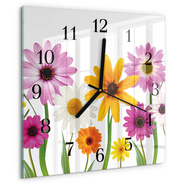 Vierkante glazen wandklok Bloemen