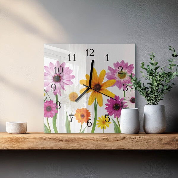 Vierkante glazen wandklok Bloemen