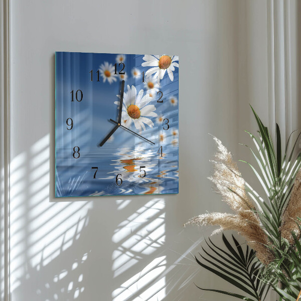 Vierkante glazen wandklok Bloem