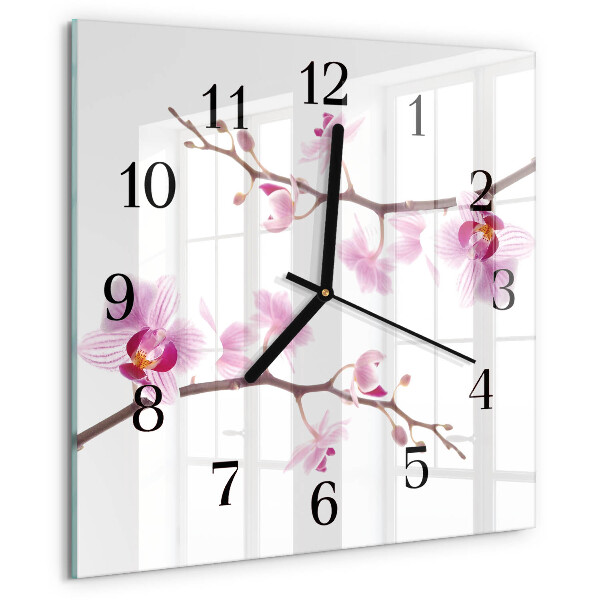Vierkante glazen wandklok Orchidee