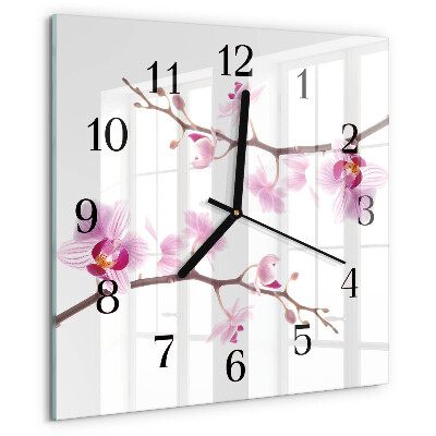 Vierkante glazen wandklok Orchidee