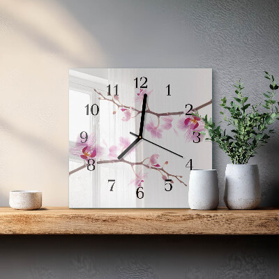 Vierkante glazen wandklok Orchidee