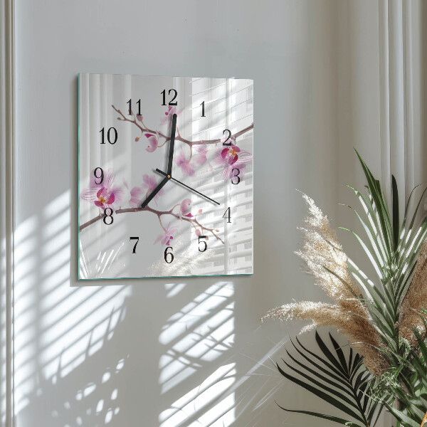 Vierkante glazen wandklok Orchidee