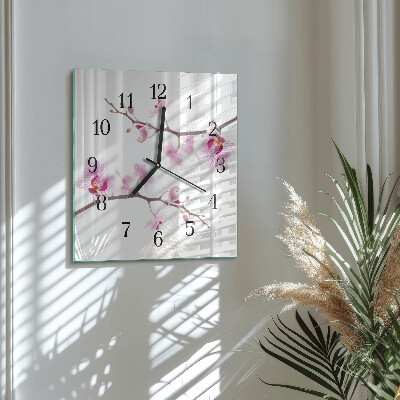 Vierkante glazen wandklok Orchidee