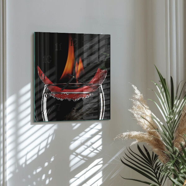 Vierkante glazen wandklok Chili Fire