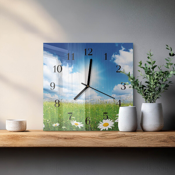 Vierkante glazen wandklok Weidebloemen