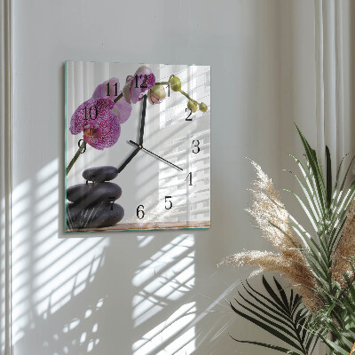 Vierkante glazen wandklok Orchidee