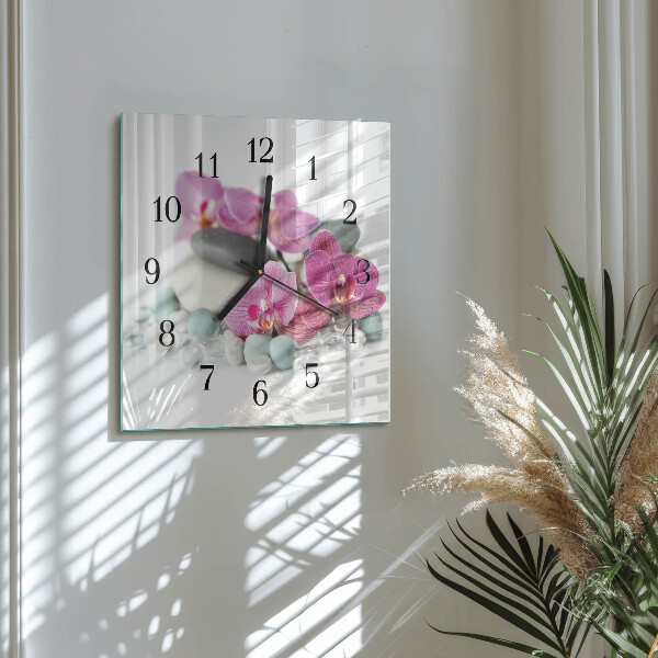 Vierkante glazen wandklok Orchideeën