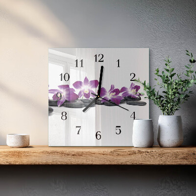 Vierkante glazen wandklok Orchidee