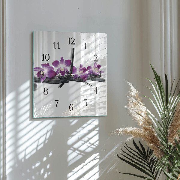 Vierkante glazen wandklok Orchidee