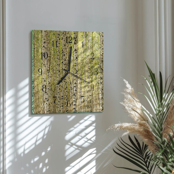 Vierkante glazen wandklok Berkenbos