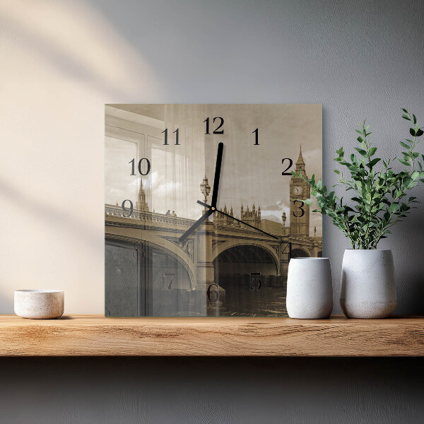 Vierkante glazen wandklok Sepia Brug