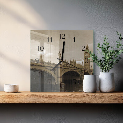 Vierkante glazen wandklok Sepia Brug