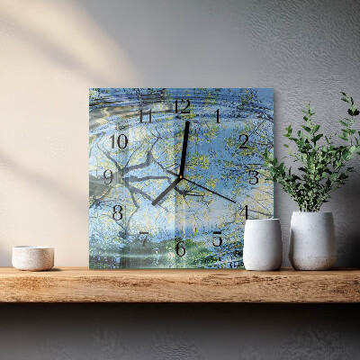 Vierkante glazen wandklok Bomen Water