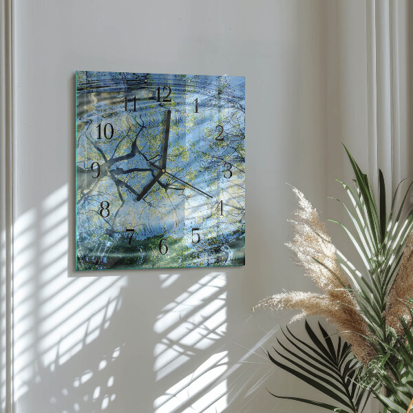 Vierkante glazen wandklok Bomen Water