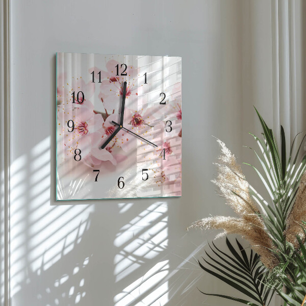 Vierkante glazen wandklok Bloemen