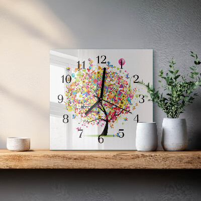Vierkante glazen wandklok Kleurrijke boom