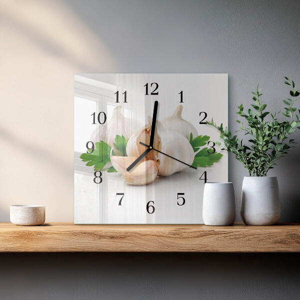 Vierkante glazen wandklok Knoflook