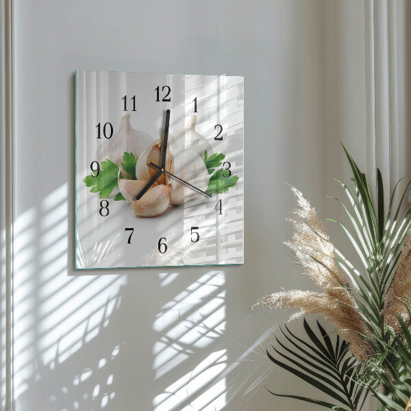 Vierkante glazen wandklok Knoflook