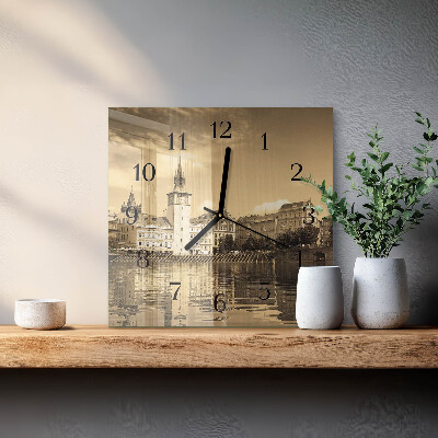 Vierkante glazen wandklok Kasteel Sepia