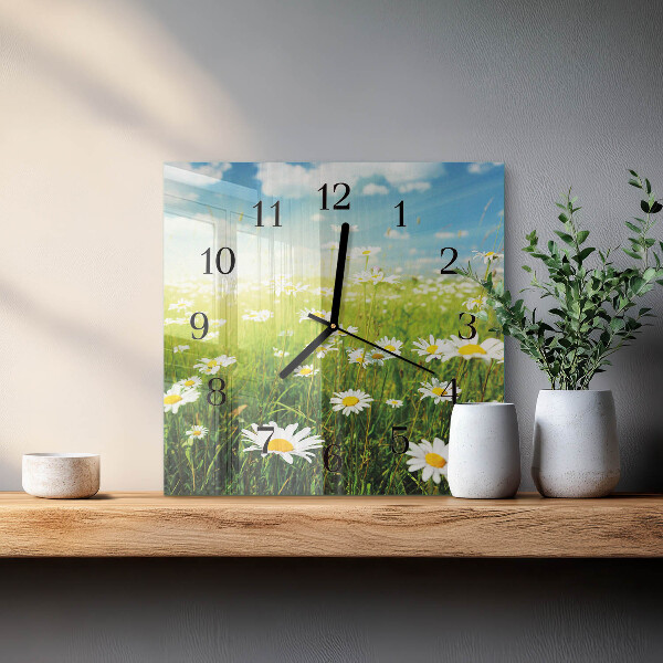 Vierkante glazen wandklok Madeliefjes