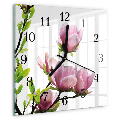 Vierkante glazen wandklok Magnolia bloem