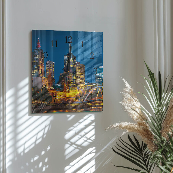 Vierkante glazen wandklok Stad