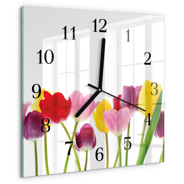 Vierkante glazen wandklok Kleurrijke tulpen