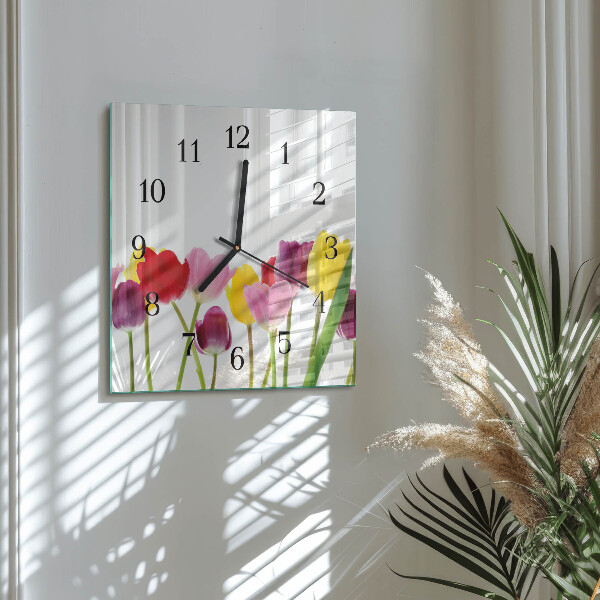 Vierkante glazen wandklok Kleurrijke tulpen