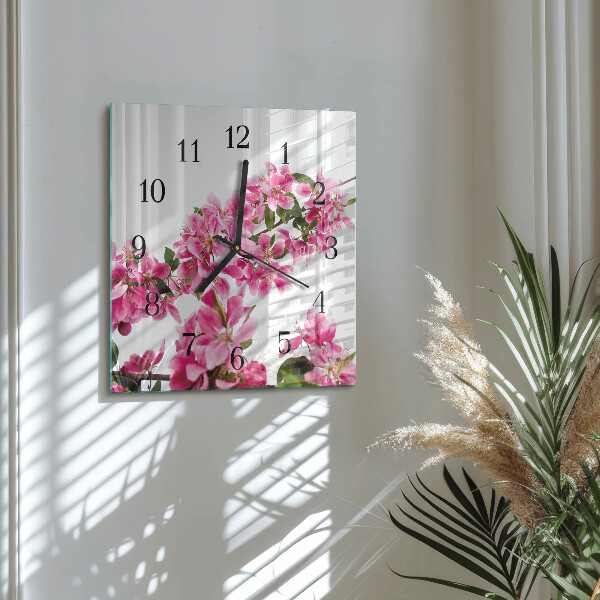 Vierkante glazen wandklok Bloemen