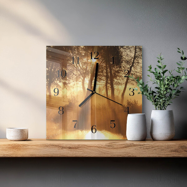 Vierkante glazen wandklok Bomen Mist