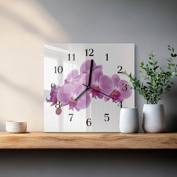 Vierkante glazen wandklok Orchidee