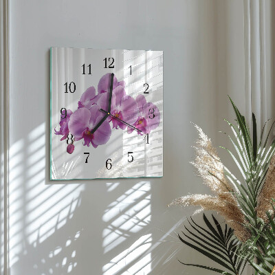 Vierkante glazen wandklok Orchidee