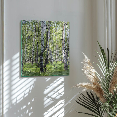 Vierkante glazen wandklok Berkenbos
