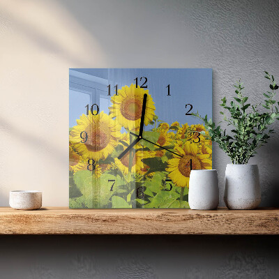 Vierkante glazen wandklok Zonnebloemen