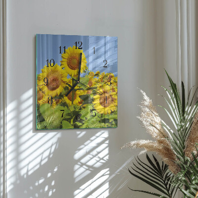 Vierkante glazen wandklok Zonnebloemen